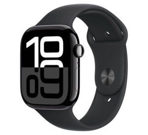 Apple Watch Series 10 GPS + Cellular, 46mm, Jet Black Aluminum Case With Black Sport Band, Always-On Retina Display, Water Resistant, TRA Version, Medium/Large | MWY43QA/A